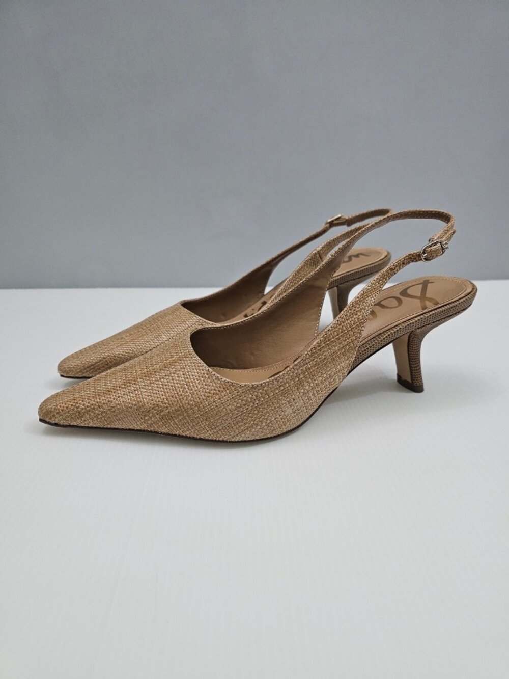 Sam Edelman Bianka Slingback Pumps Womens 9 Tan Raffia Pointed Toe Kitten Heel